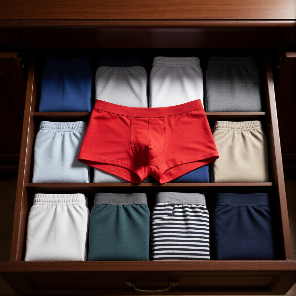 Men's Underwear Drawer with Red Boxer Brief laying on top