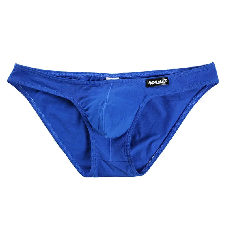 Men’s bikini briefs in blue shown laying flat. | color:blue