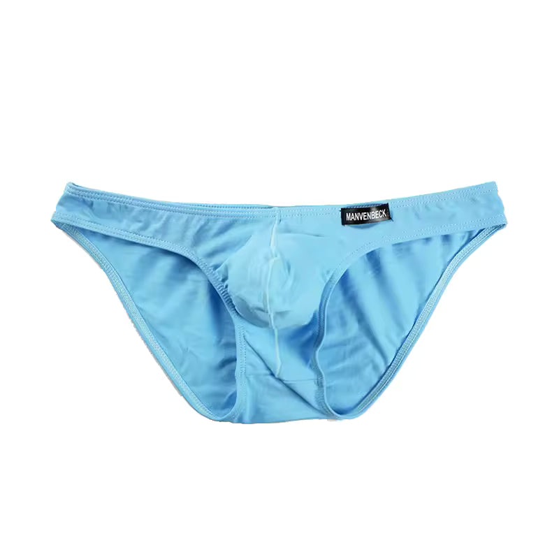 Men’s bikini briefs in light blue shown laying flat | color:light blue