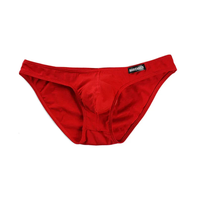 Men’s bikini briefs in red shown laying flat. | color:red
