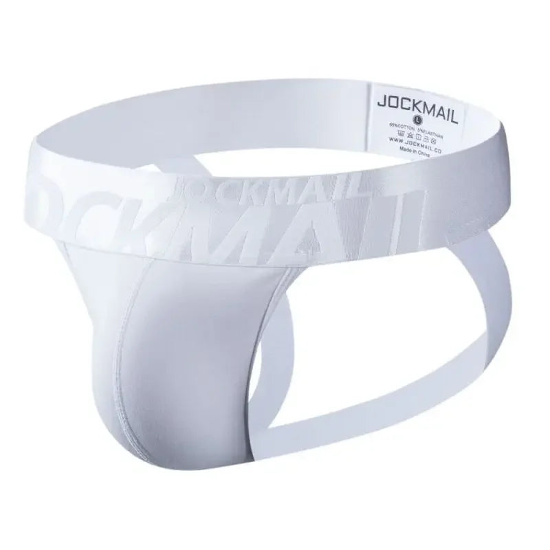 Jockmail jockstrap in athletic white. Closeup product shot showing front view of the contoured support pouch and heavy-duty waistband | color:white