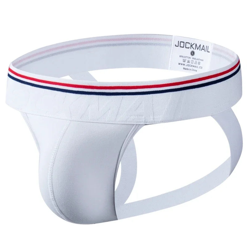Product shot of cotton jockstrap in white showing the contoured pouch and a minimalist black waistband | color:white