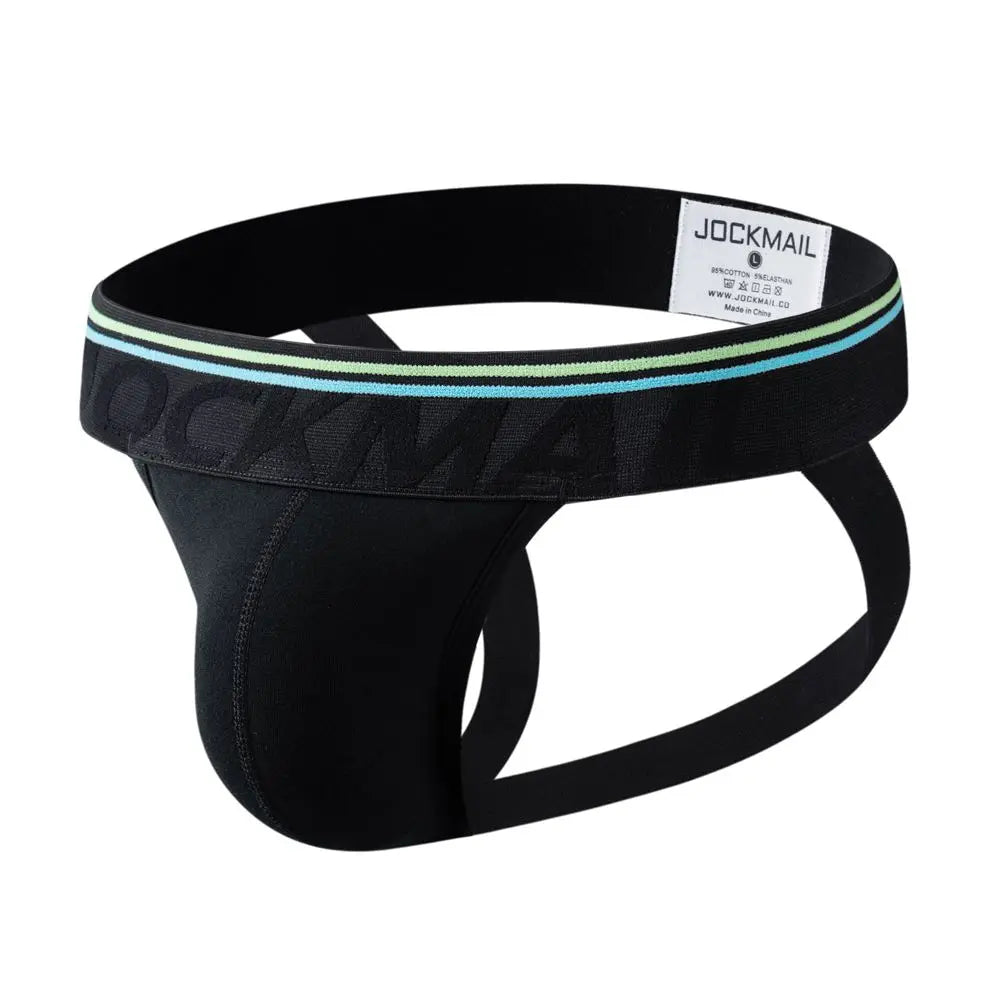 Product shot of cotton jockstrap in black showing the contoured pouch and a minimalist black waistband | color:black