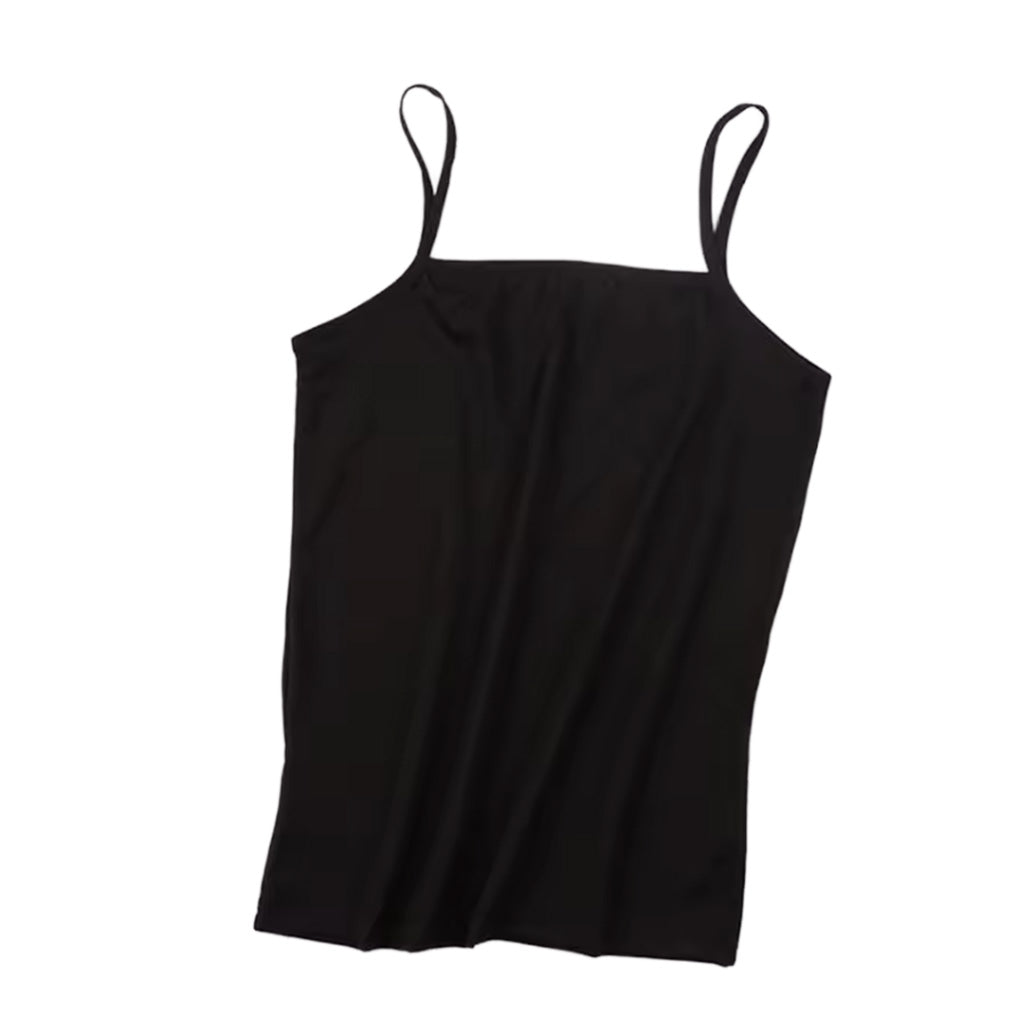women's camisole top in black with a straight neckline and thin straps shown laying flat | color:black