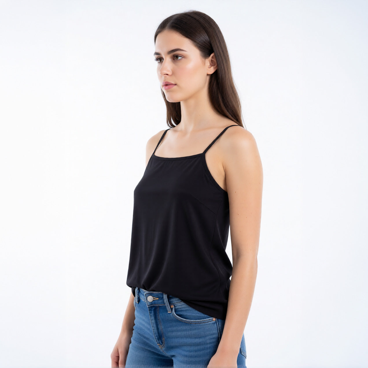 Black women's camisole top with a straight neckline and thin straps worn in a french tuck | color:black
