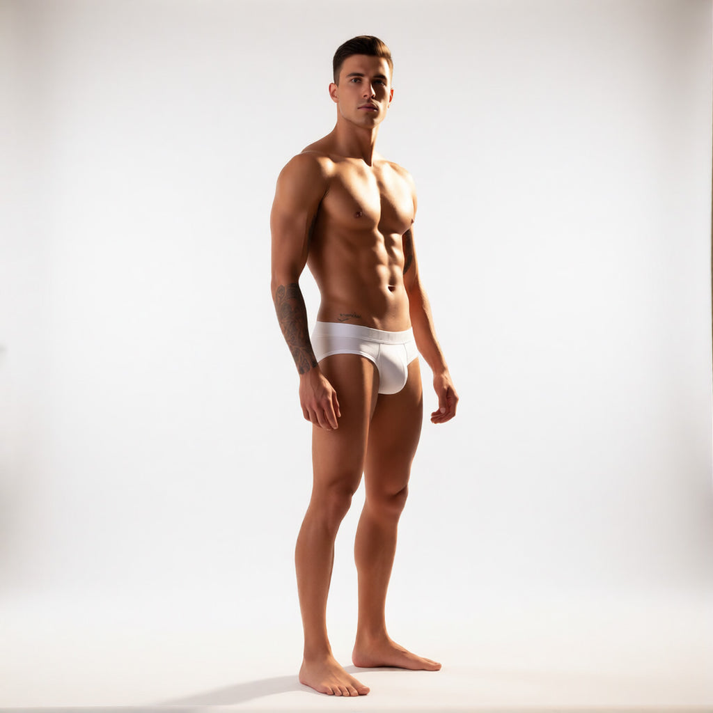  C-ring briefs in white in front full body view, showing the enhancing support pouch and comfort waistband | color:white