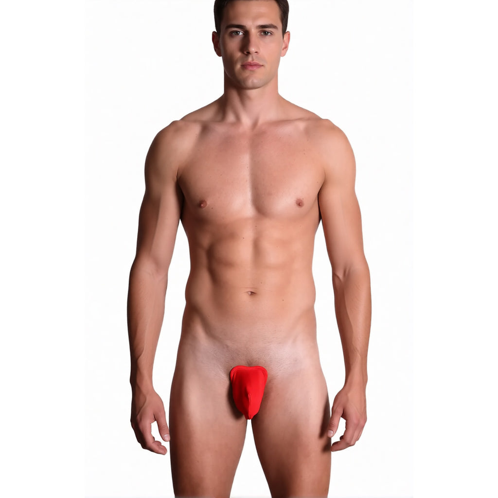 C-string men's thong in red on a model, front view highlighting the strapless design and zero waistband architecture | color:red