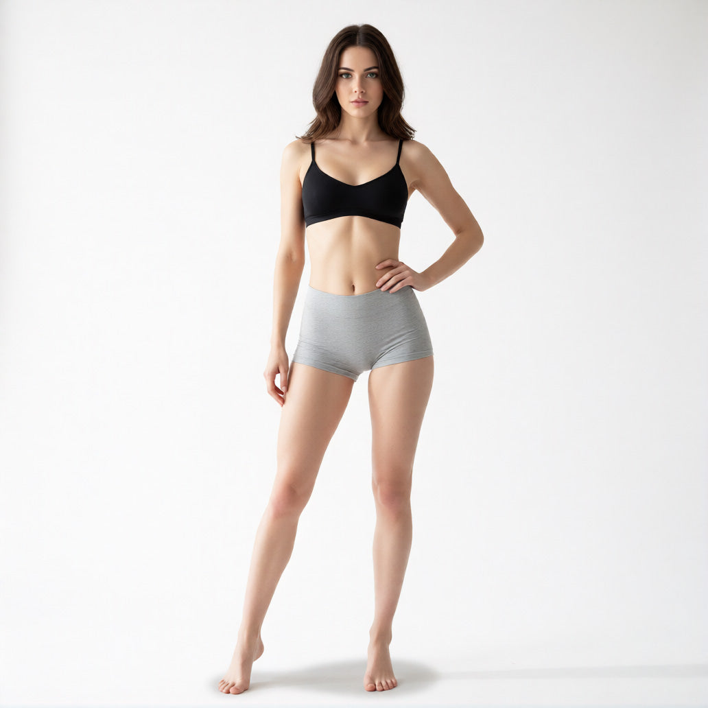 Comfortable boyshort panties in grey, front view featuring a soft high-rise waistband and full-coverage leg | color:grey