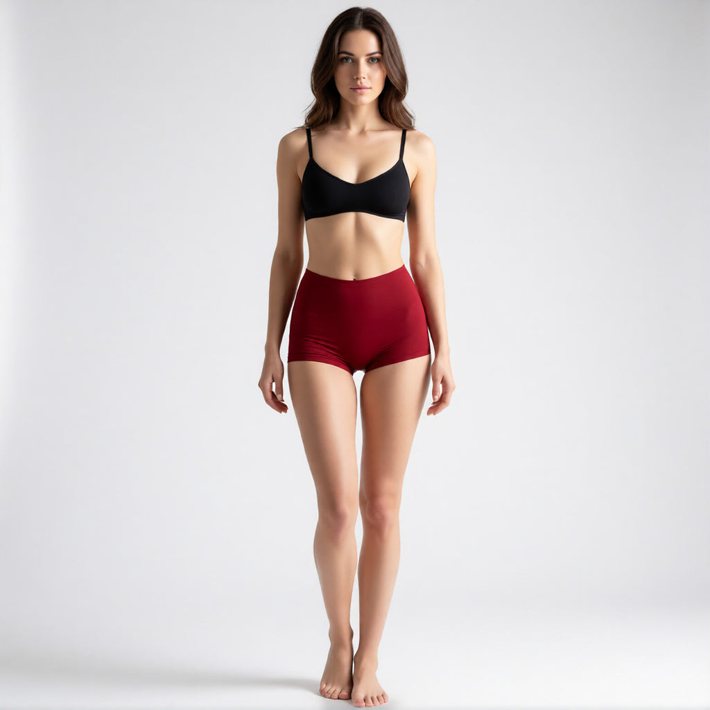 Comfortable boyshort panties in red, front view featuring a soft high-rise waistband and full-coverage leg | color:red