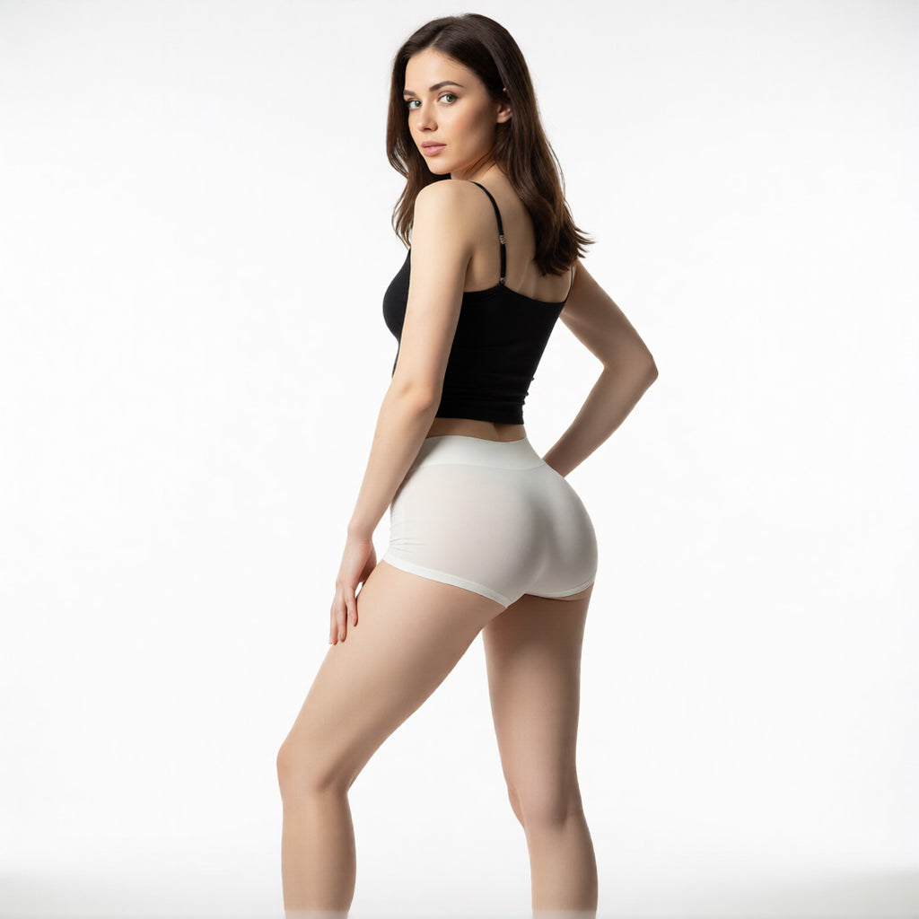 Comfortable boyshort panties in white, rear profile view featuring a soft high-rise waistband and full-coverage leg | color:white