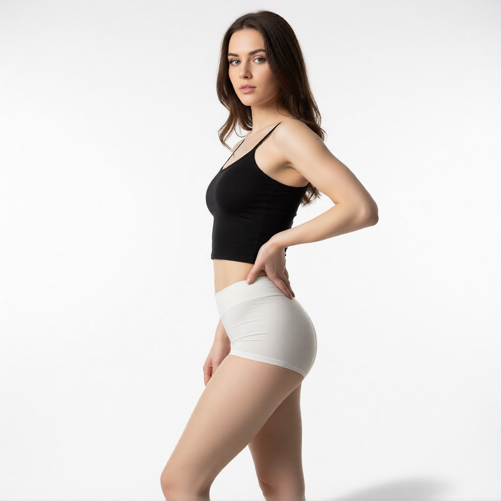 Comfortable boyshort panties in white, side view featuring a soft high-rise waistband and full-coverage leg | color:white