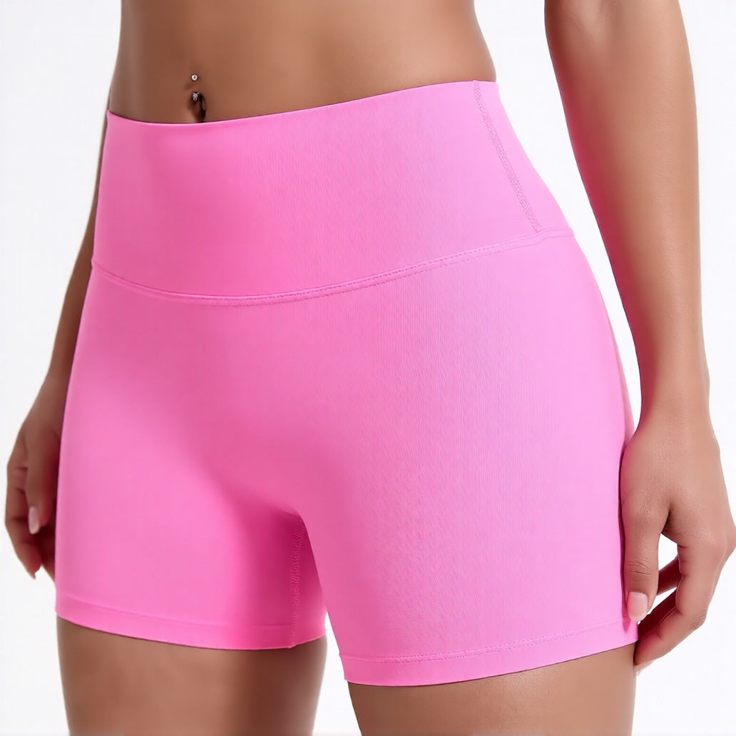 Women's high waisted gym shorts in hot pink, showcasing the secure wide waistband and athletic performance silhouette | color:hot pink