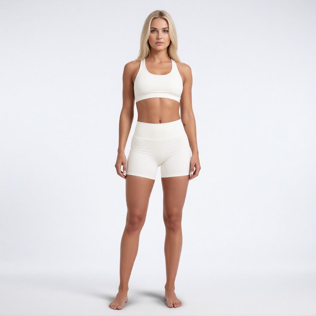 Women's high waisted gym shorts in ivory, front view showcasing the athletic performance silhouette | color:ivory