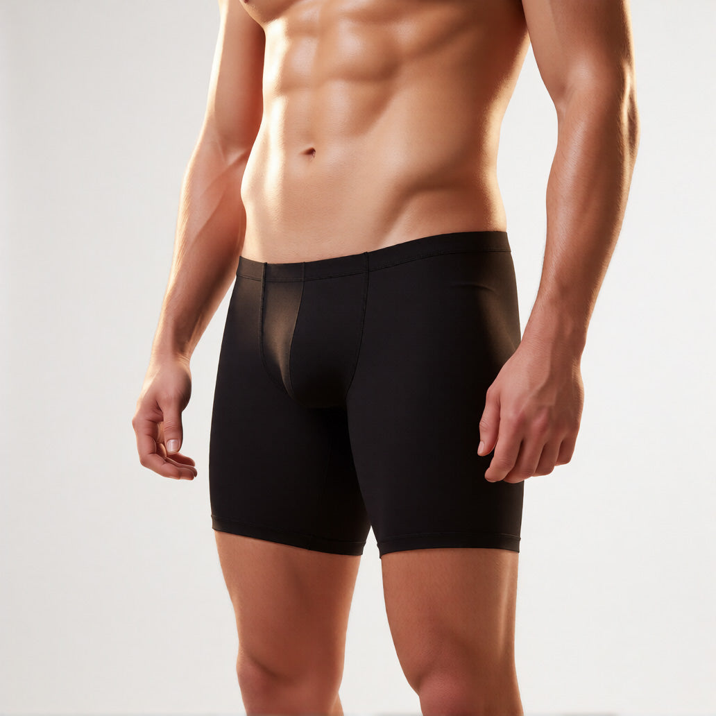 long leg boxer briefs in black, side profile showing the extended leg length and ultra-thin, sheer performance fabric | color:black
