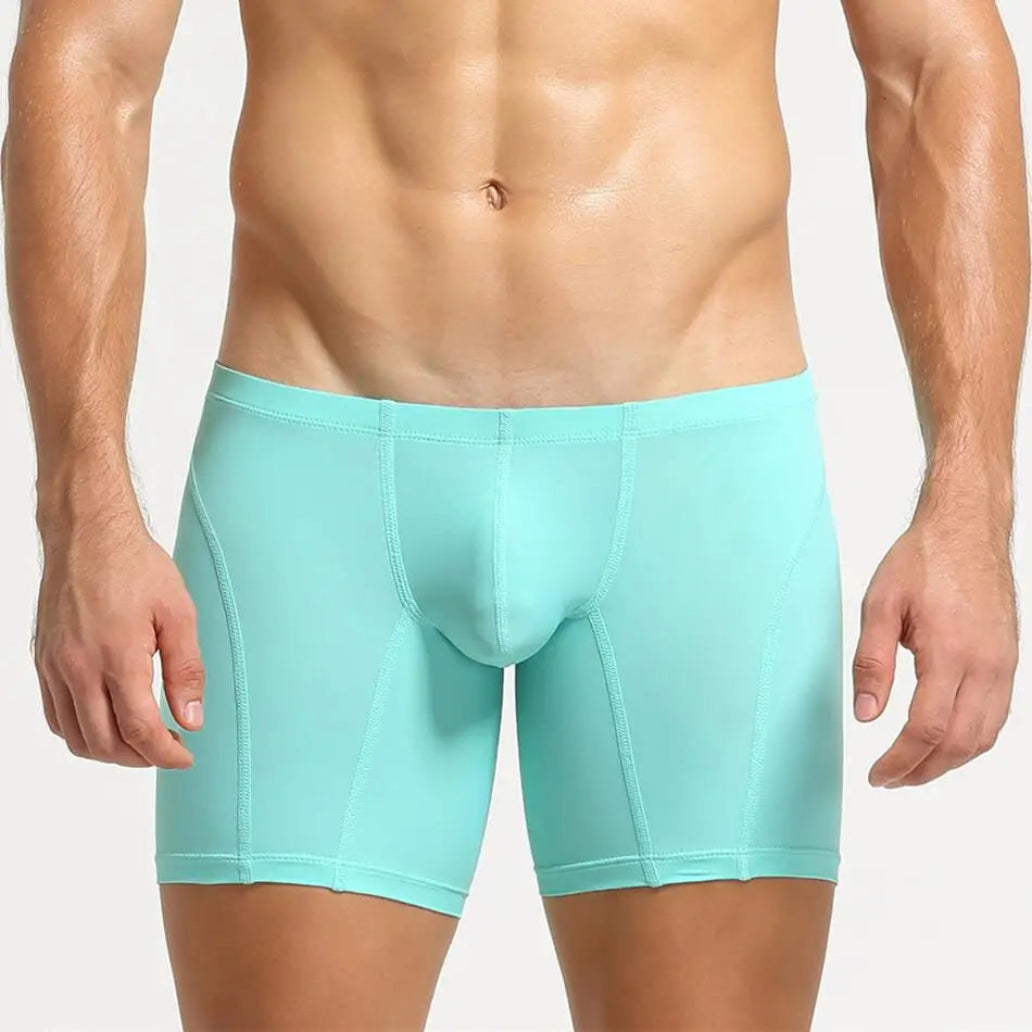 long leg boxer briefs in blue, showing front contour pouch construction and seam detail | color:blue