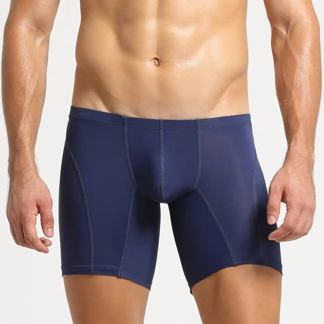 long leg boxer briefs in navy, showing front contour pouch construction and seam detail | color:navy