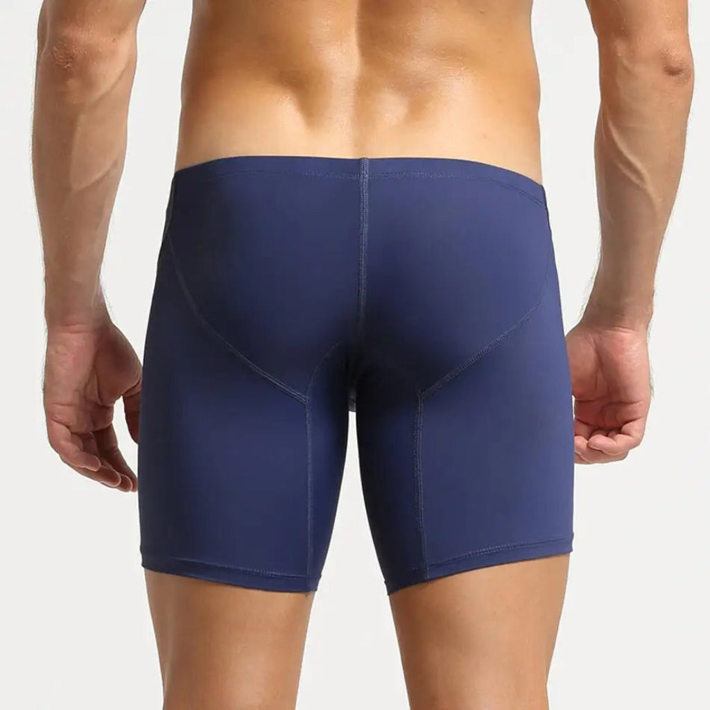 long leg boxer briefs in navy, rear view showing the extended leg length and ultra-thin, sheer performance fabric | color:navy