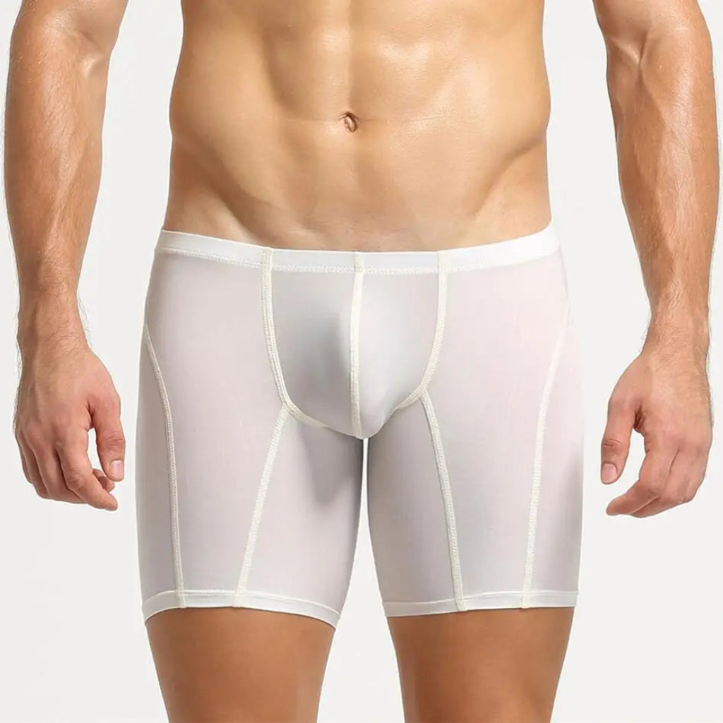 long leg boxer briefs in white, showing front contour pouch construction and seam detail | color:white