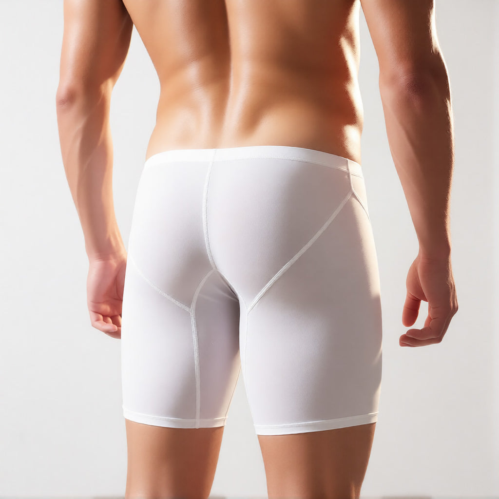 long leg boxer briefs in white, rear view showing the extended leg length and ultra-thin, sheer performance fabric | color:white