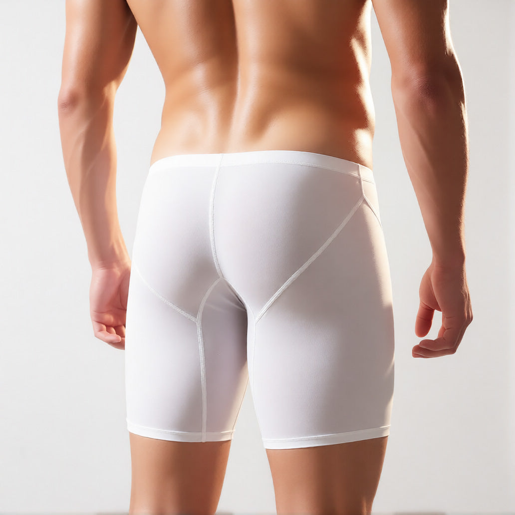 long leg boxer briefs in white, rear view showing the extended leg length and ultra-thin, sheer performance fabric | color:white