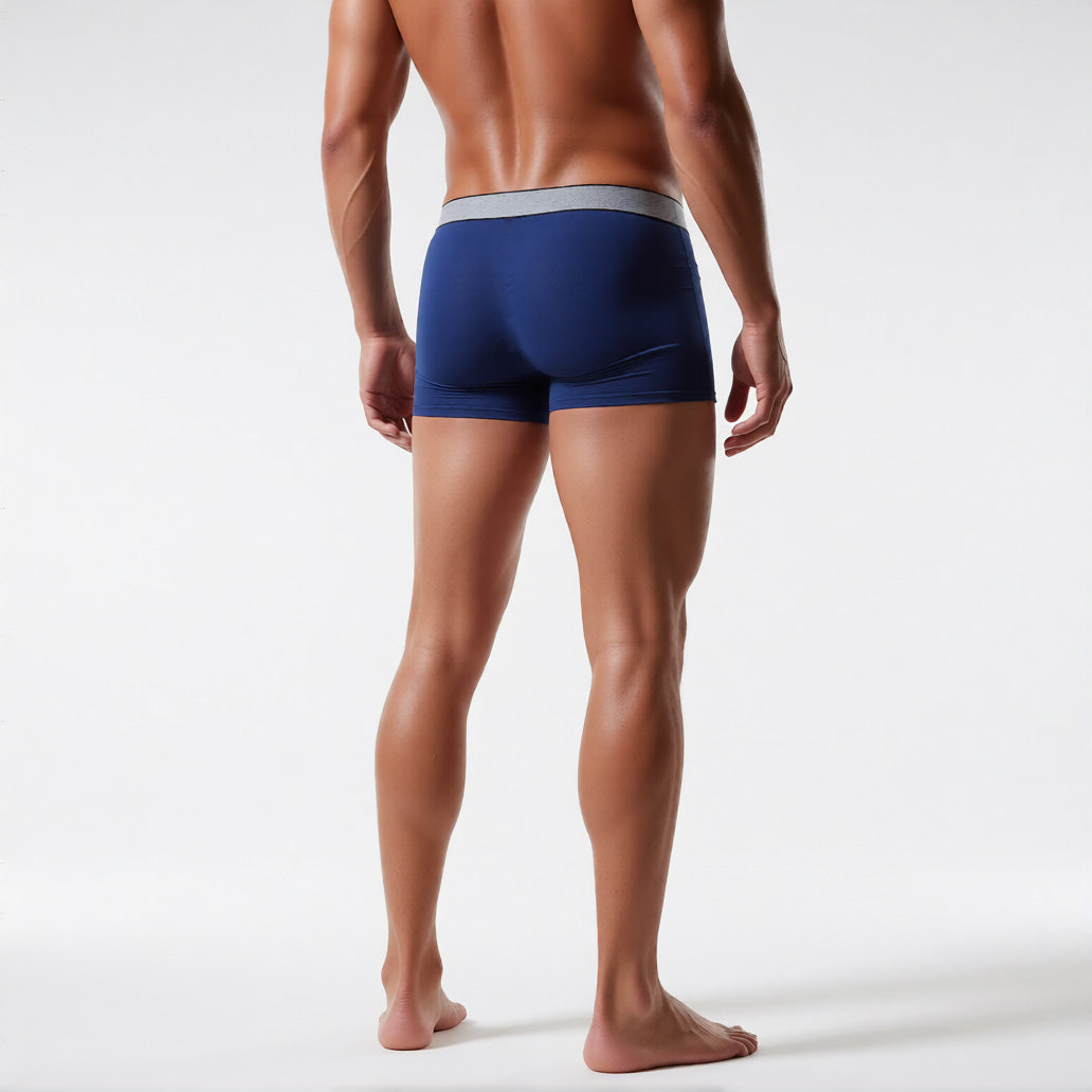 Men's boxer briefs with ball pouch in blue, rear view showing the premium Modal fabric texture | color:blue