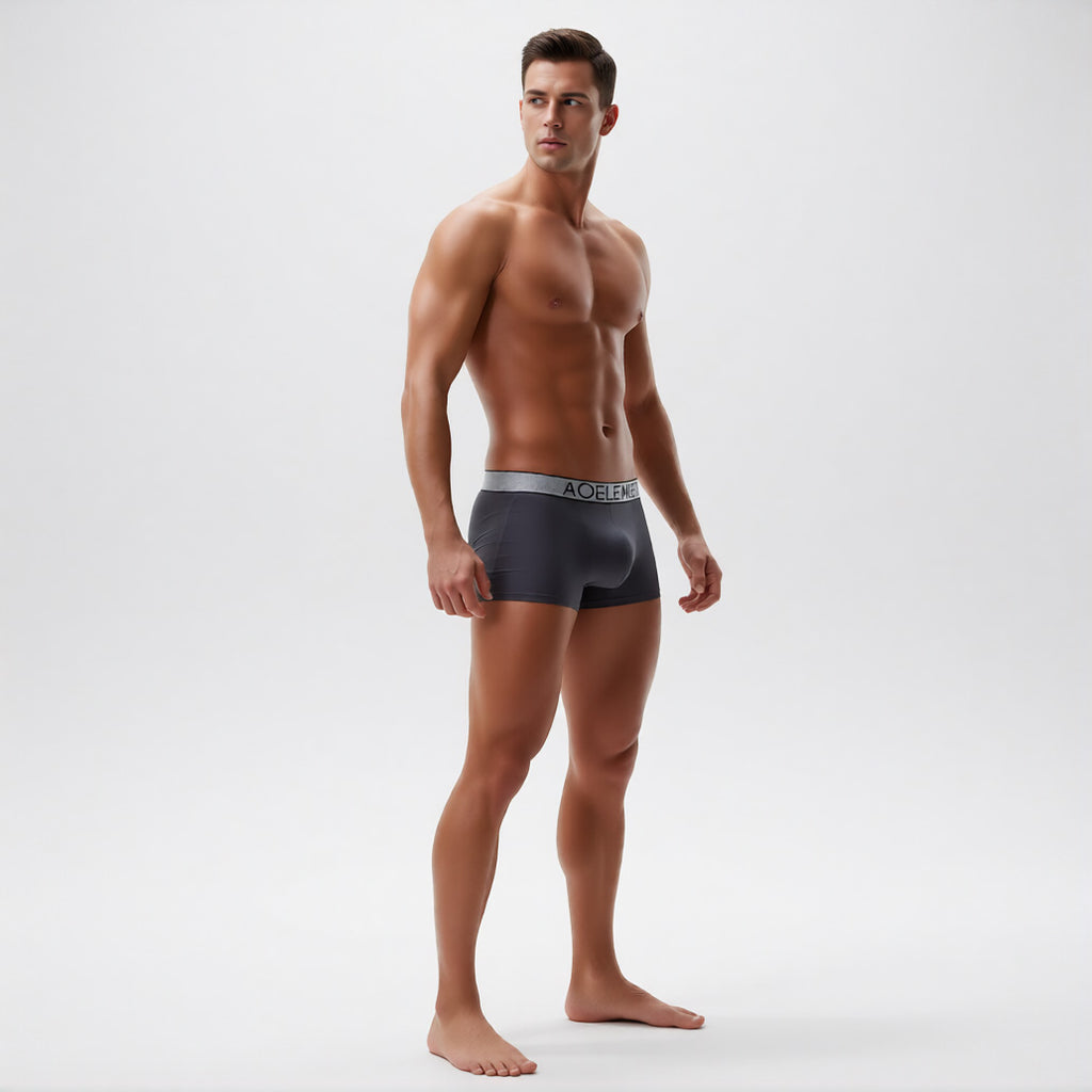 Men's boxer briefs with ball pouch in grey, side profile showing the contoured support pouch and premium Modal texture | color:grey