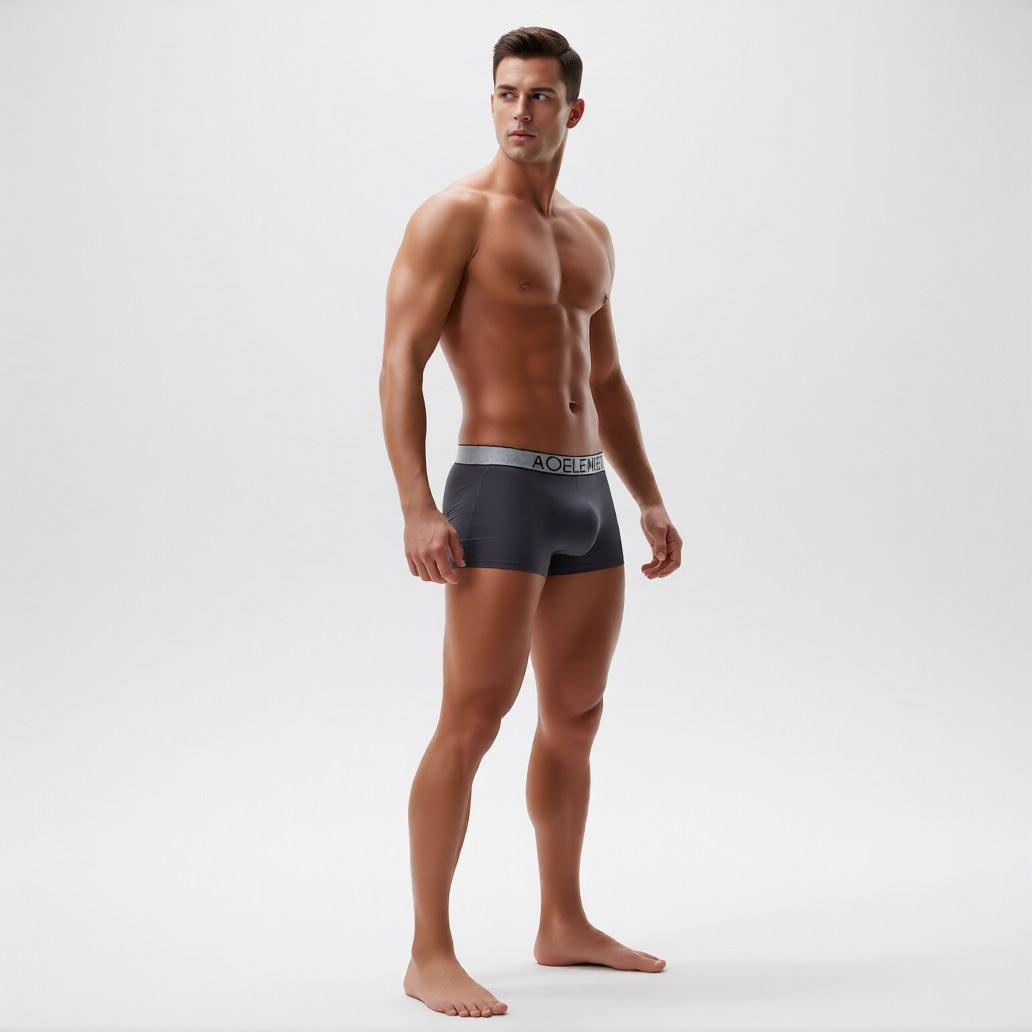 Men's boxer briefs with ball pouch in grey, side profile showing the contoured support pouch and premium Modal texture | color:grey
