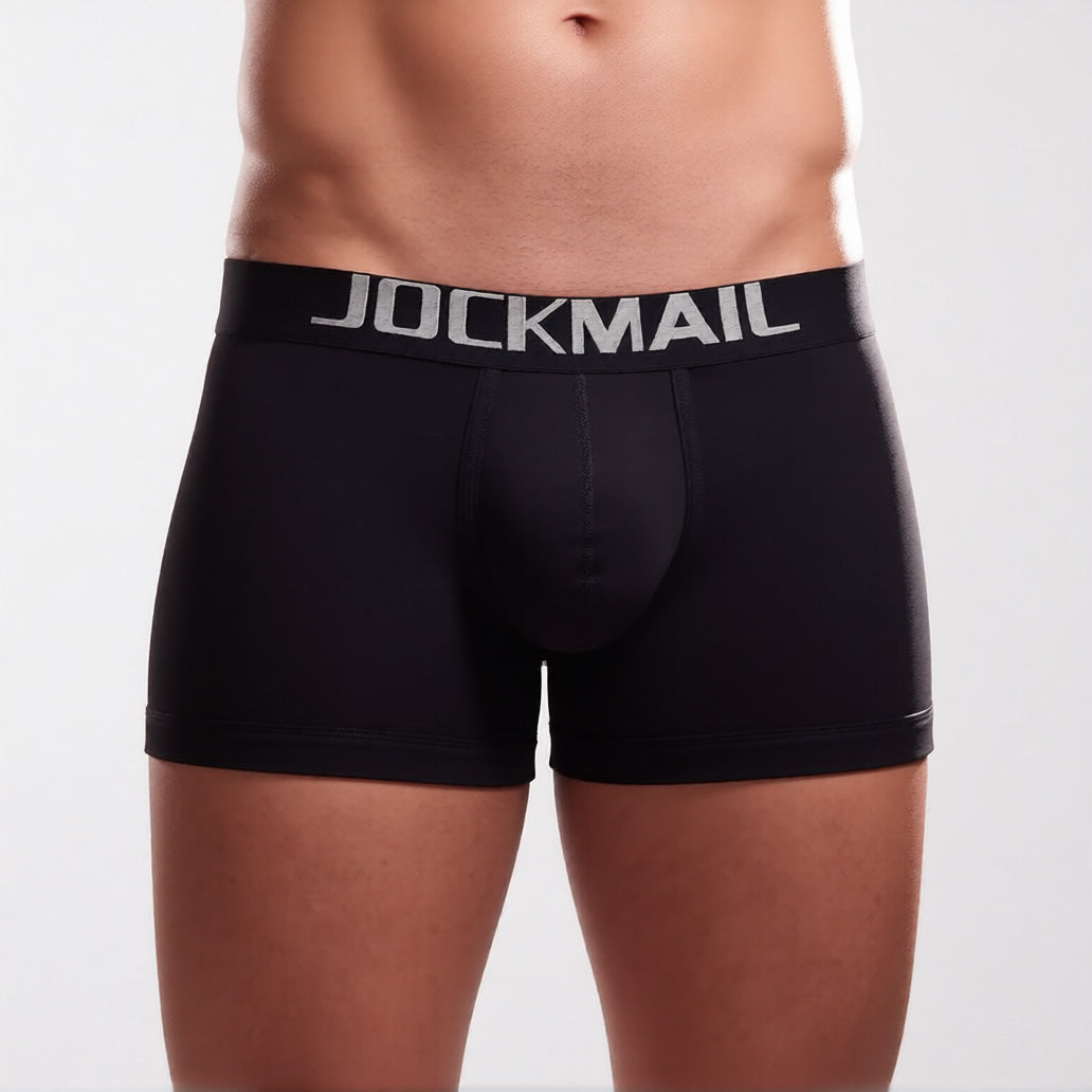 Men's C-ring boxer briefs in black in front view, showing the enhancing support pouch and comfort waistband | color:black