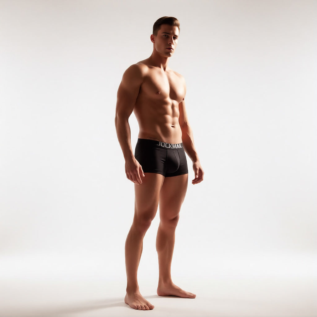 Men's C-ring boxer briefs in black in front full body view, showing the enhancing support pouch and comfort waistband | color:black
