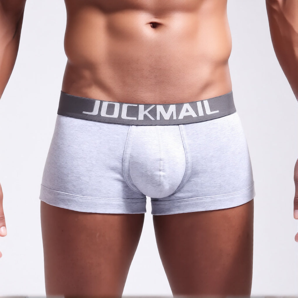 Men's C-ring boxer briefs in grey in front view, showing the enhancing support pouch and comfort waistband | color:grey