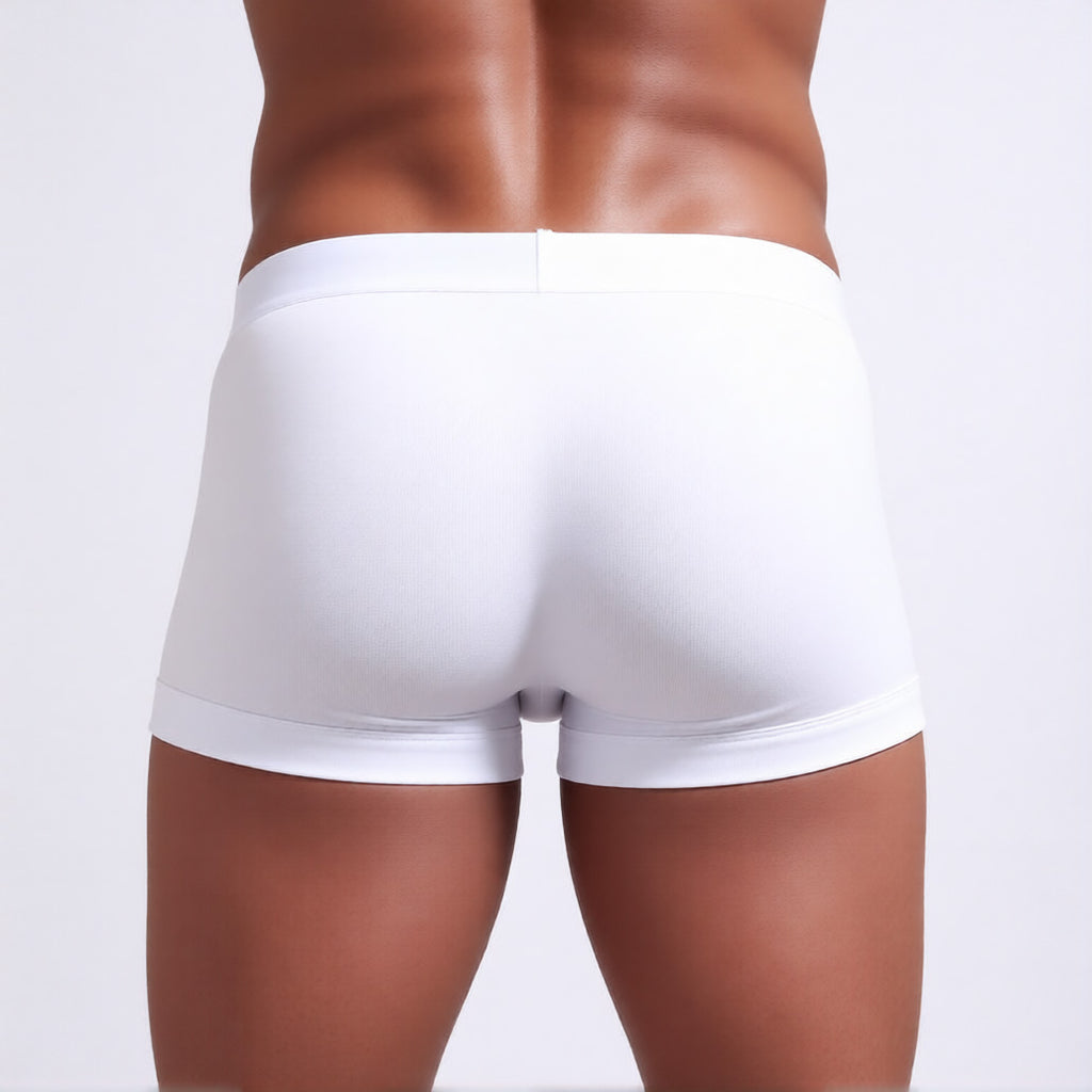 Men's C-ring boxer briefs in white in rear view, showing the enhancing support pouch and comfort waistband | color:white