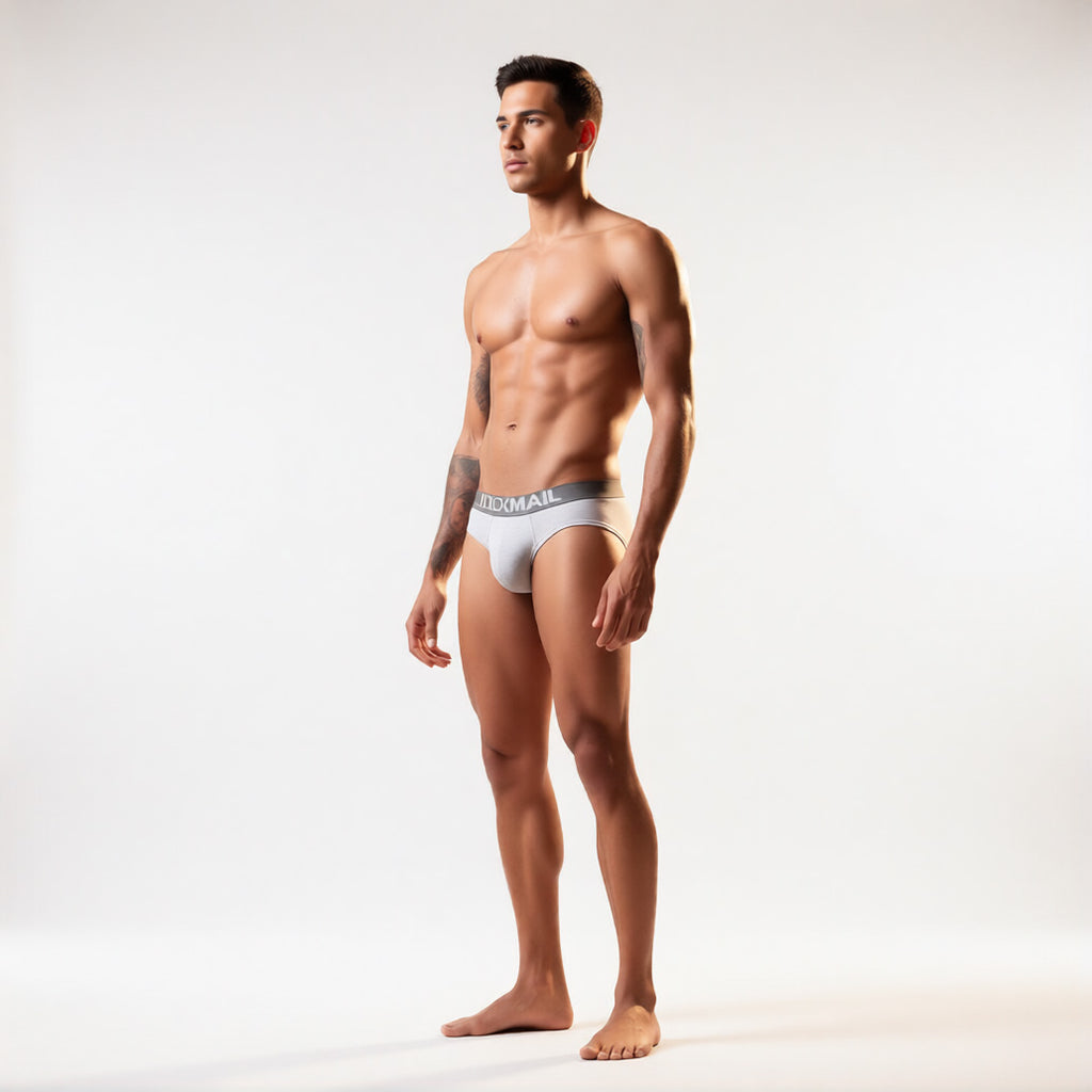 Men's C-ring briefs in grey in front full body view, showing the enhancing support pouch and comfort waistband | color:grey