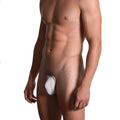 Men's c-string underwear in white on a model, detail side view highlighting the strapless design and zero waistband architecture | color:white