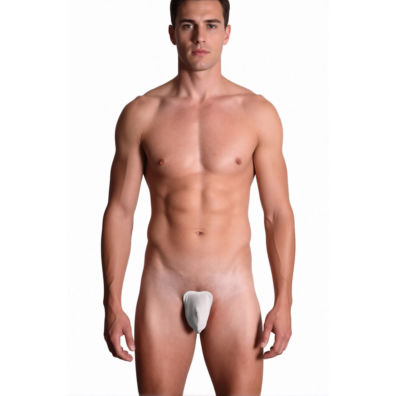 Men's c-string underwear in white on a model, front view highlighting the strapless design and zero waistband architecture | color:white