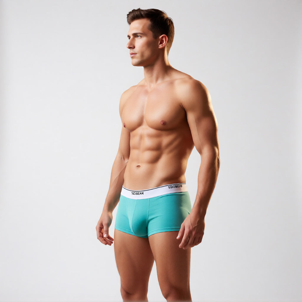 Men's designer trunks in teal, side profile highlighting the wide branded waistband and enhancing support pouch | color:teal