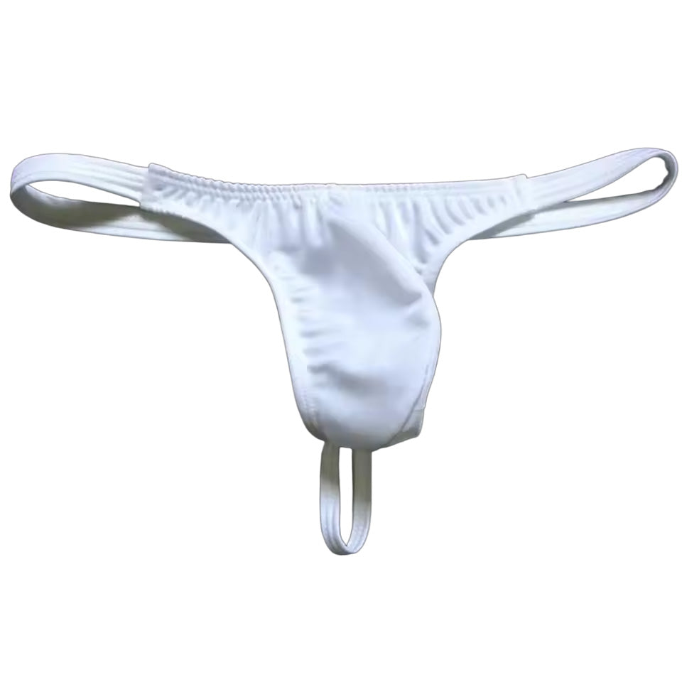 Men's g-string in white laying flat | color:white