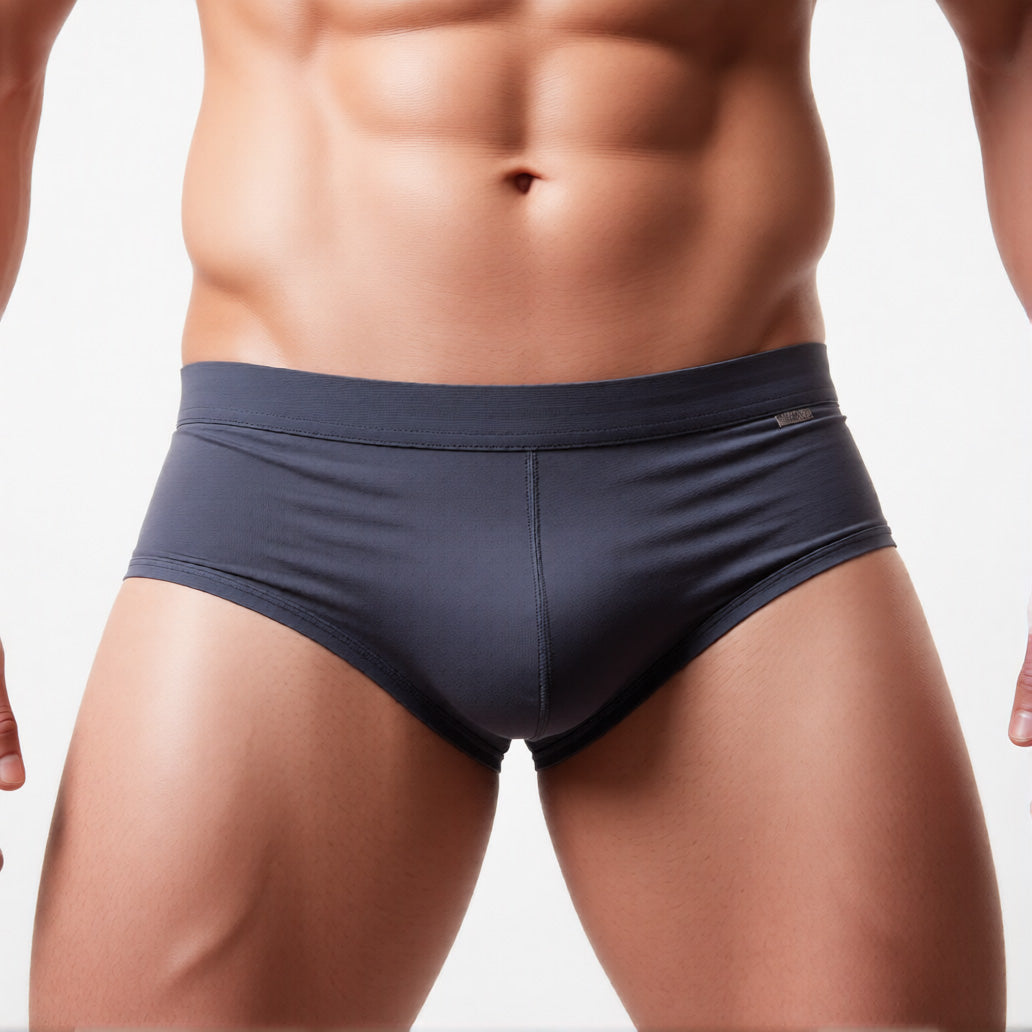 Men’s mesh briefs in grey, highlighting the breathable sheer fabric and low-rise fit | color:grey