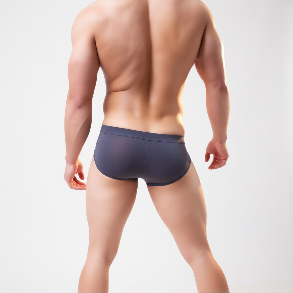 Men’s mesh briefs in grey, rear view highlighting the breathable sheer fabric and low-rise fit | color:grey