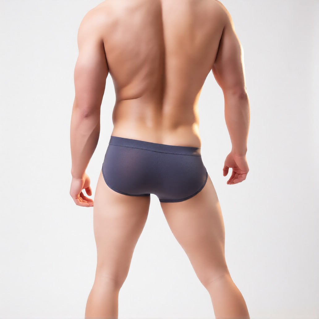 Men’s mesh briefs in grey, rear view highlighting the breathable sheer fabric and low-rise fit | color:grey