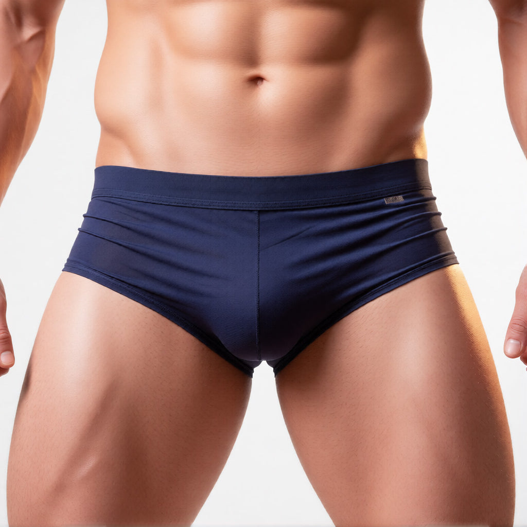 Men’s mesh briefs in navy, highlighting the breathable sheer fabric and low-rise fit | color:navy