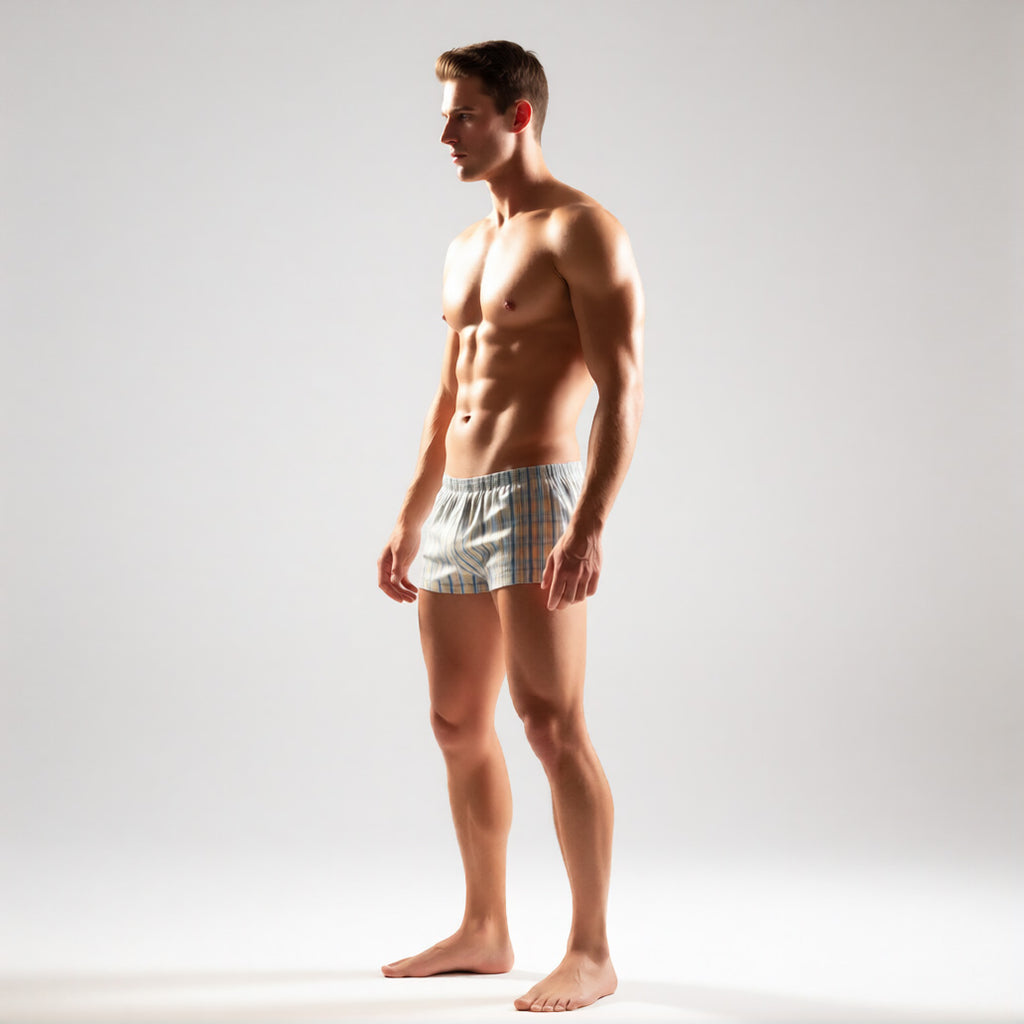 Men's plaid boxers shown in a front full body view in a classic yellow and blue weave, featuring a button-fly and contemporary pouch design | color:yellow
