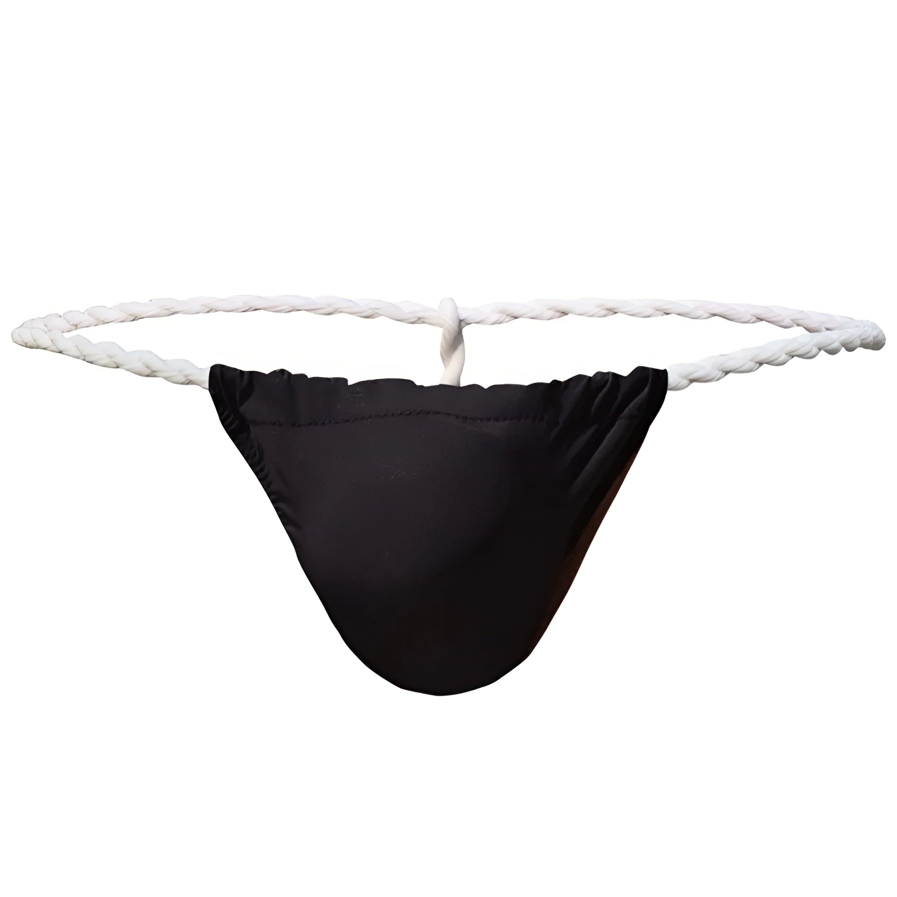 Men's Rope g-string product shot showing the contrast twisted white rope waistband and contoured solid front pouch. | color:black
