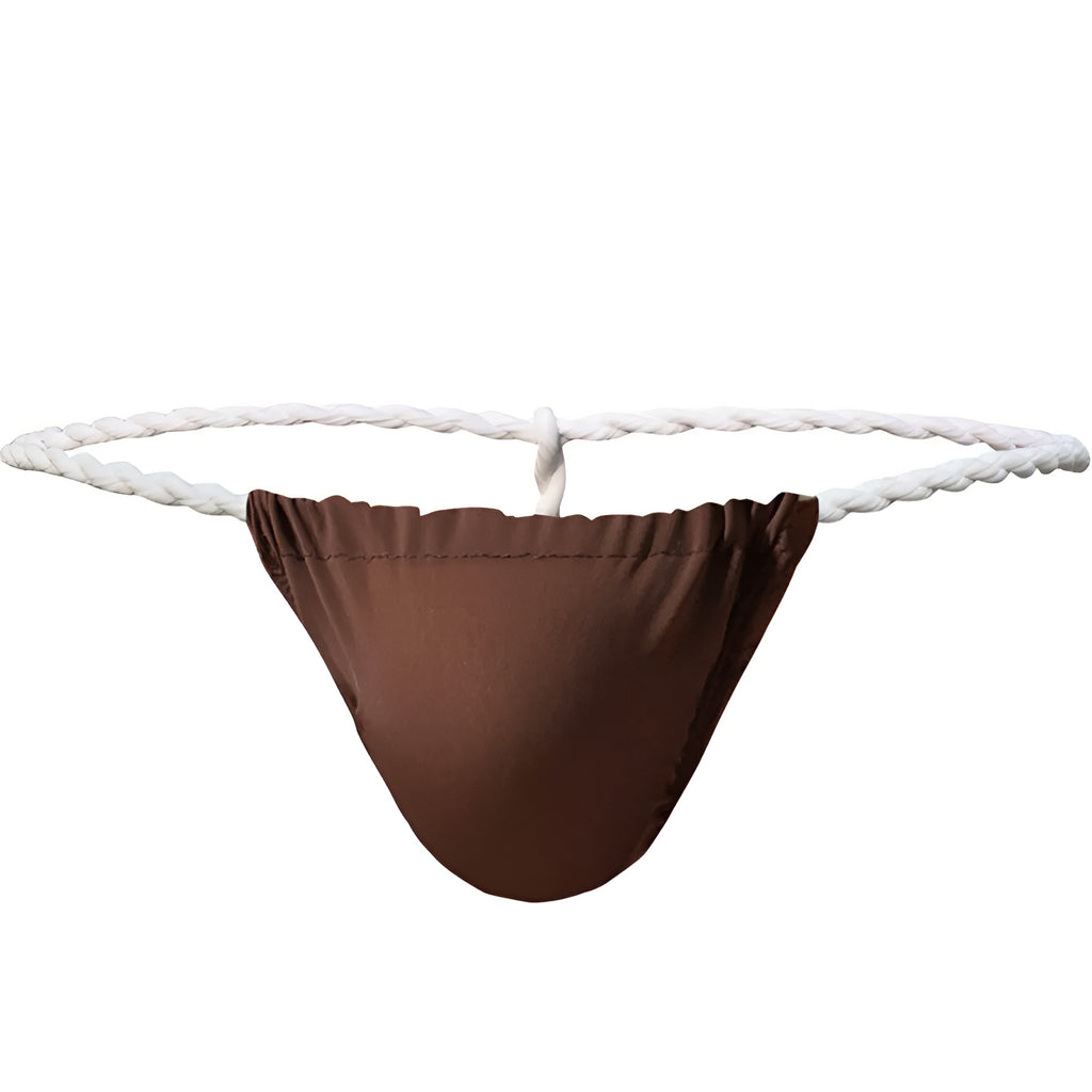 Men's Rope g-string product shot showing the contrast twisted white rope waistband and contoured solid front pouch. | color:brown