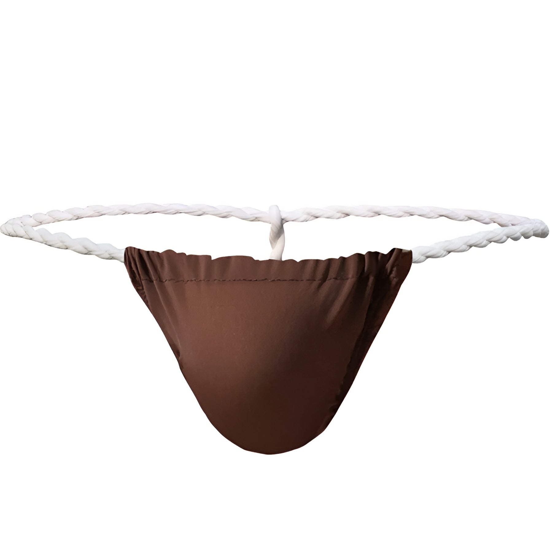 Men's Rope g-string product shot showing the contrast twisted white rope waistband and contoured solid front pouch. | color:brown
