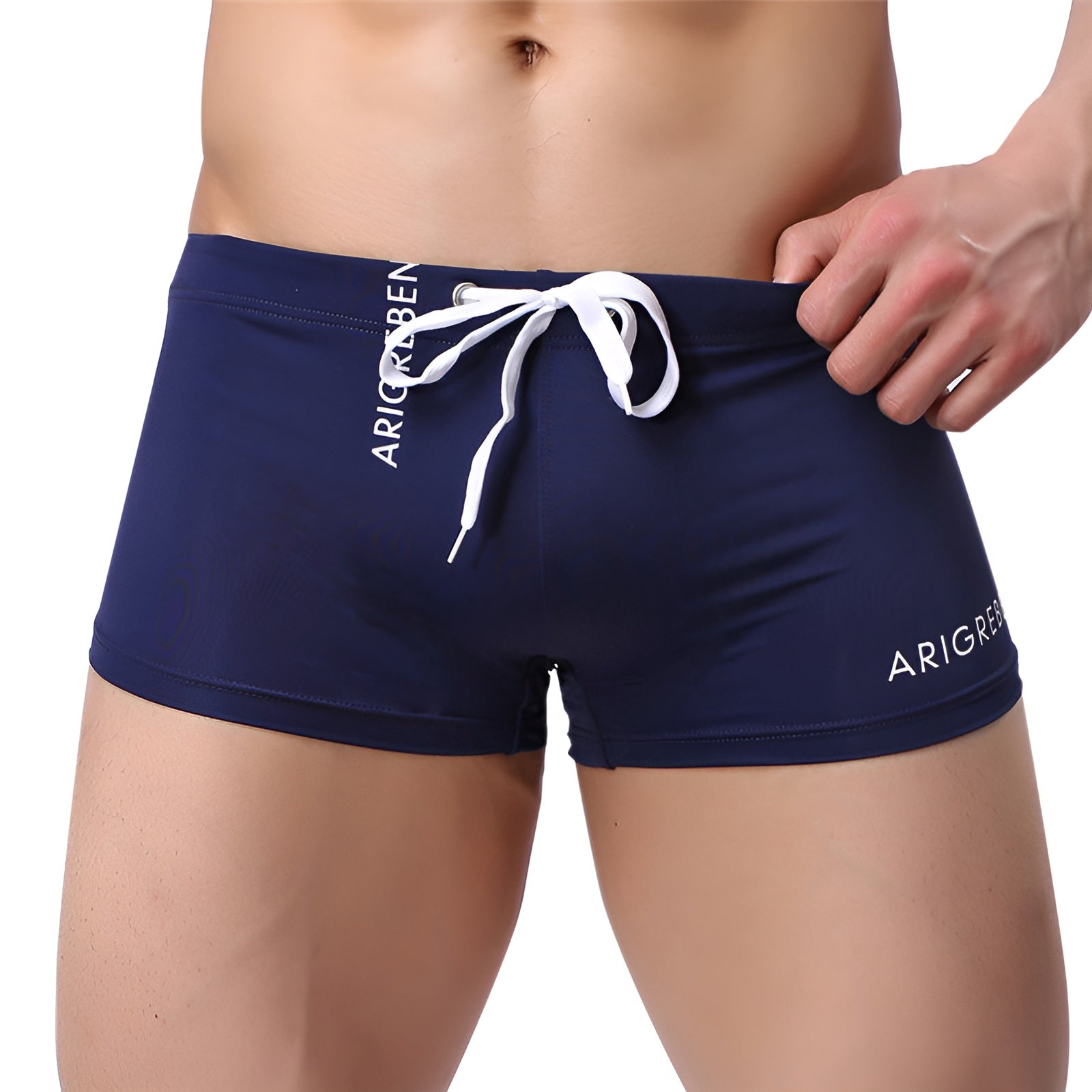men's square cut swim trunks in navy showing the low rise and athletic fit frp, the front | color:navy