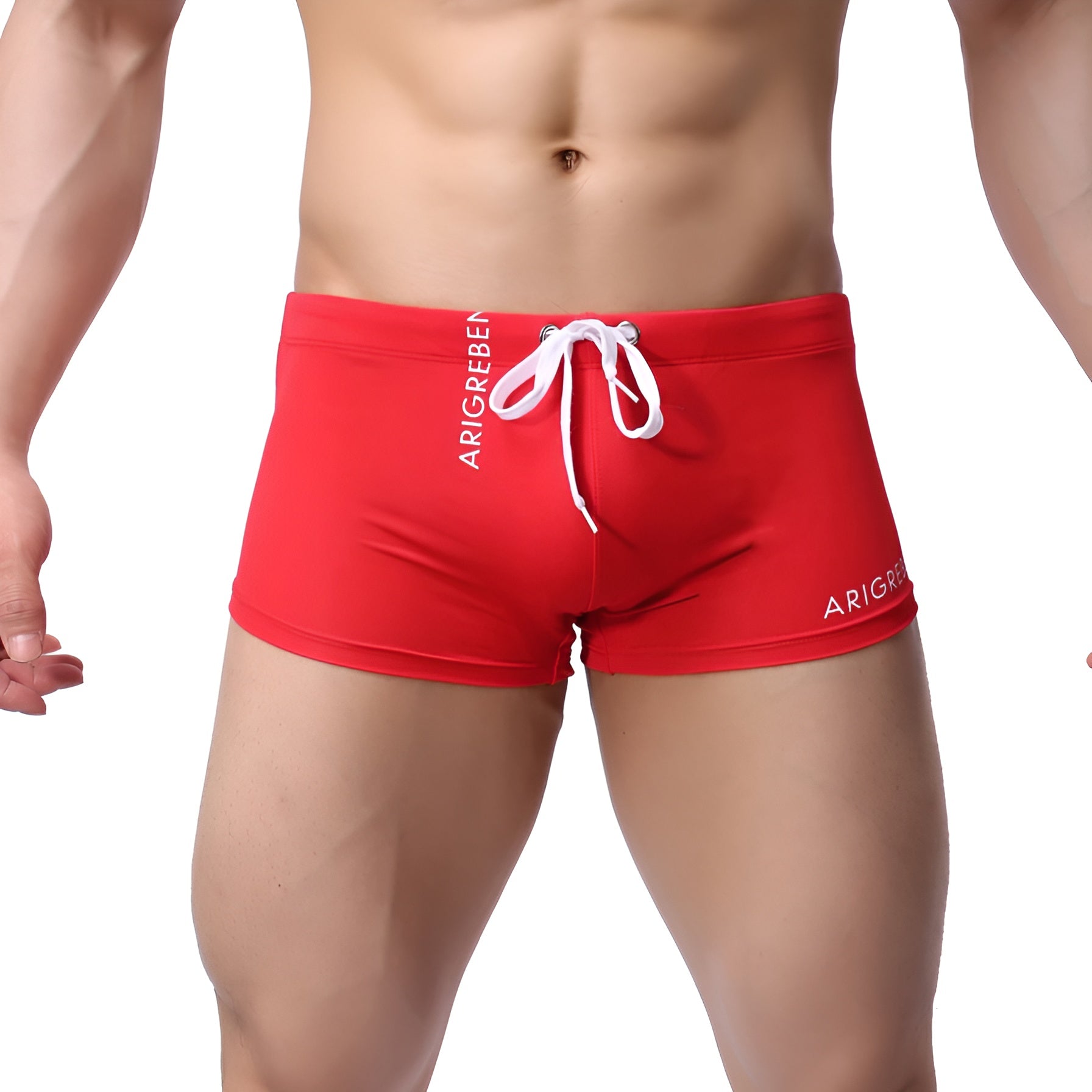 men's swim trunk in red showing the square cut and athletic, low-rise fit front the front | color:red