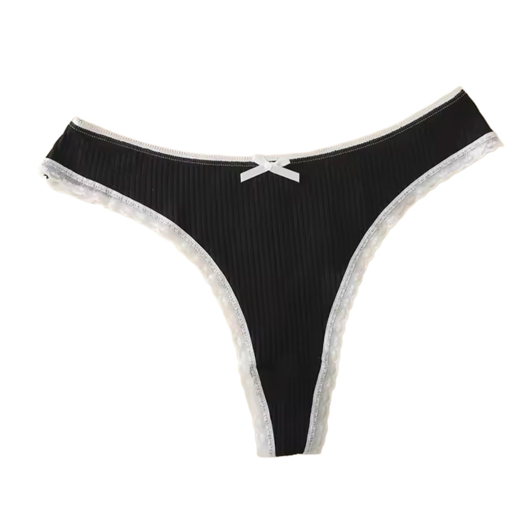 Women’s ribbed cotton thong in black shown laying flat. | color:black