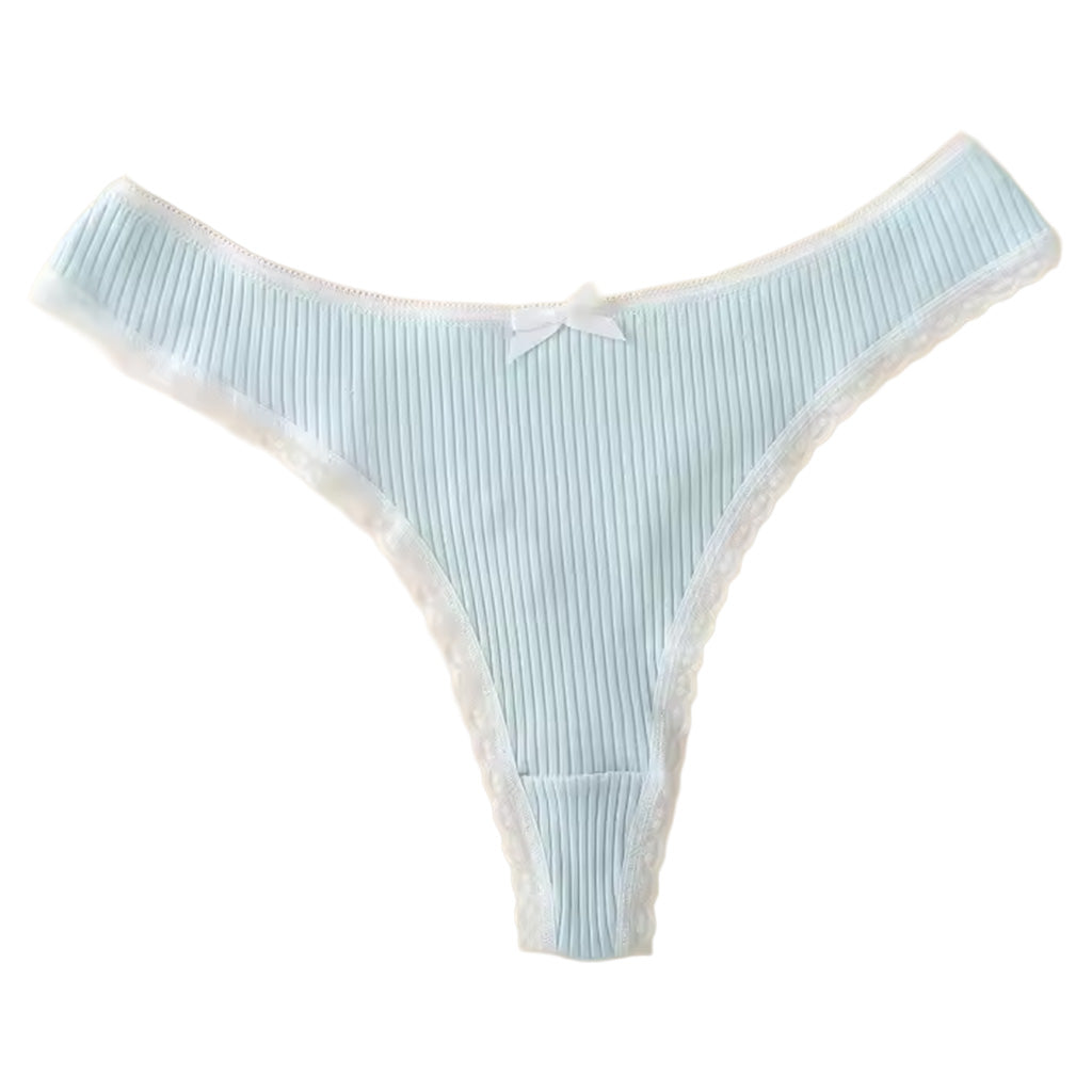 Women’s ribbed cotton thong in light blue shown laying flat| color:light blue