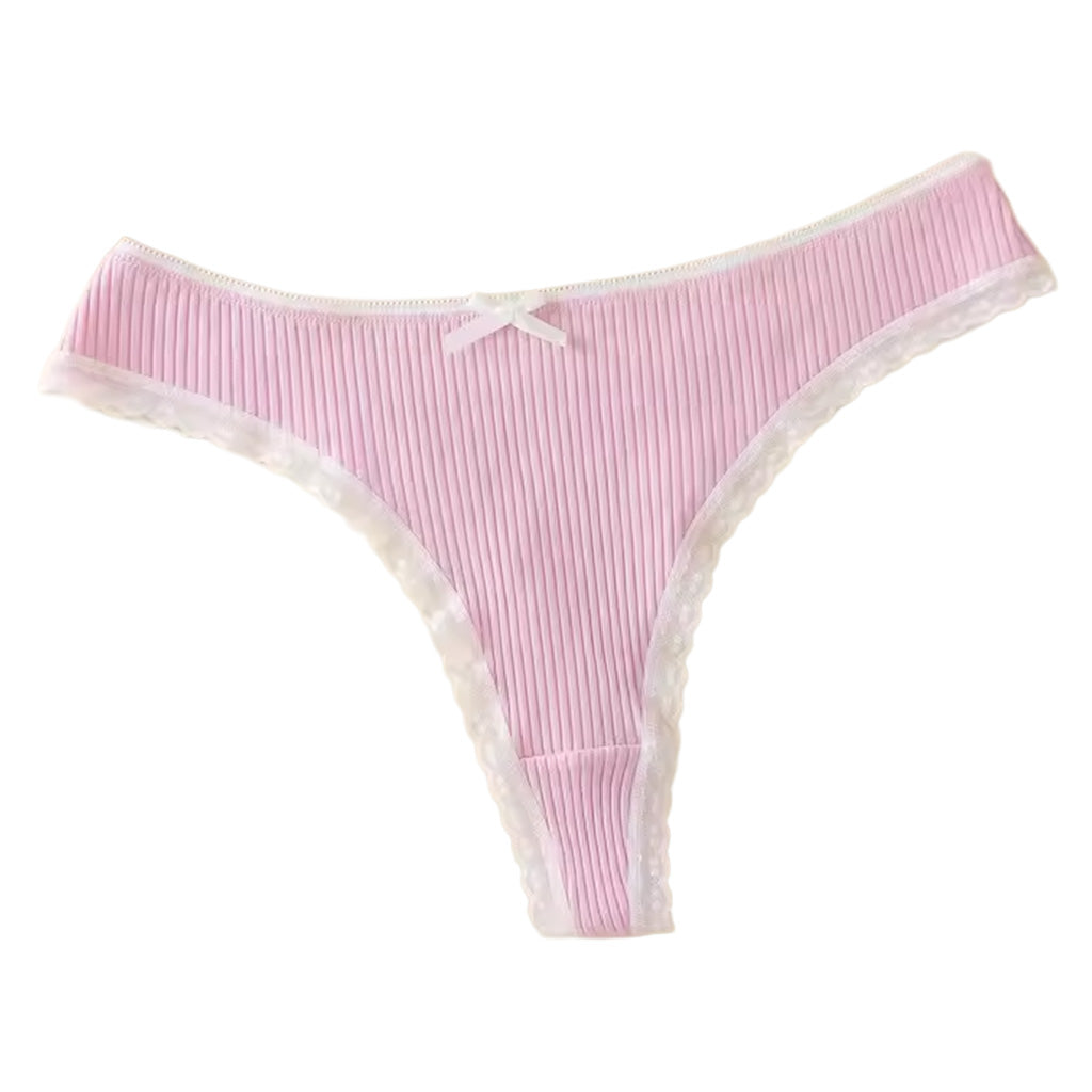 Women’s ribbed cotton thong in pink shown laying flat. | color:pink