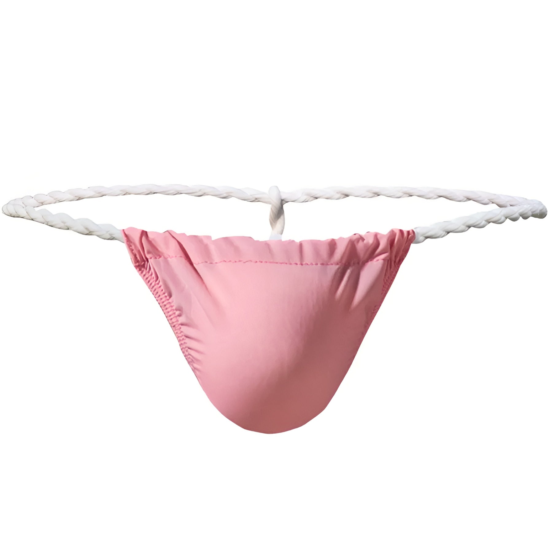 Rope g-string product photo showing the contrast twisted white rope waistband and contoured solid front pouch. | color:pink